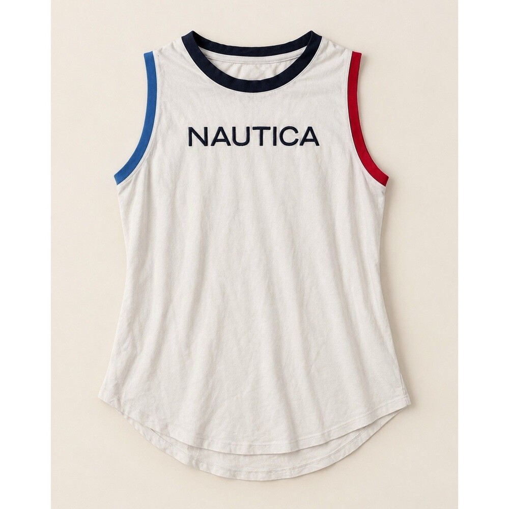 Nautica Womens Large White Sleeveless Tank Top Red Blue Trim Logo Cotton L